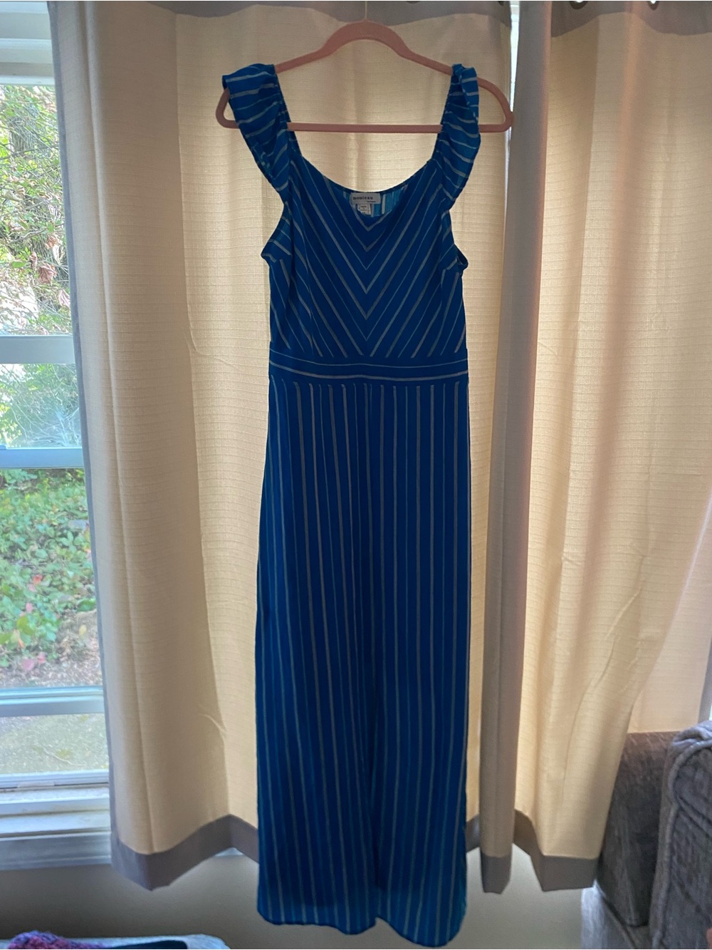 Monteau Blue and White Striped Ruffled Strap Maxi Dress